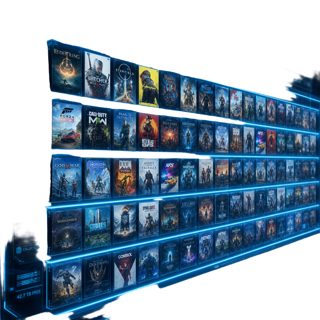 Biblioteca gamer futurista com estante RGB de capas de jogos